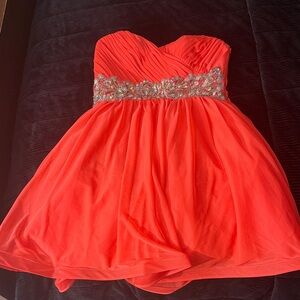 Coral Strapless Dress with Embellished Waist